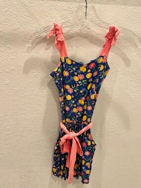Navy Blue Lemon & Floral Tie-Strap Dress with Coral Accents